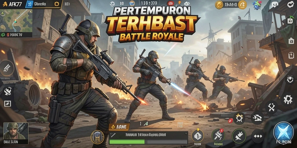Tangkapan layar gameplay AFK77 menampilkan aksi Battle Royale yang intens.