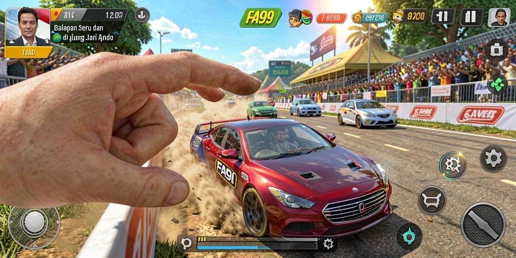 Screenshot gameplay menunjukkan balapan cepat dengan kendaraan yang bertenaga.