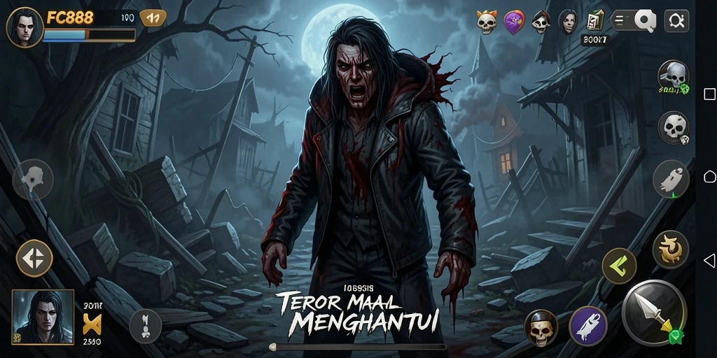 Screenshot menunjukkan gameplay menegangkan FC888 dengan latar belakang horor.