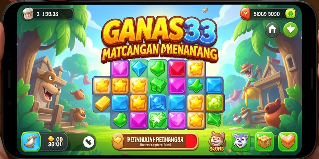 Screenshot utama GANAS33 memperlihatkan pemain mencocokkan elemen dalam tantangan Match-3.