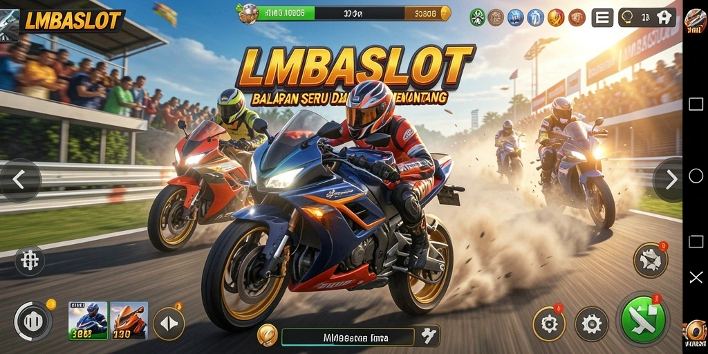 Screenshot utama LMBASLOT menampilkan momen seru dalam balapan motor.
