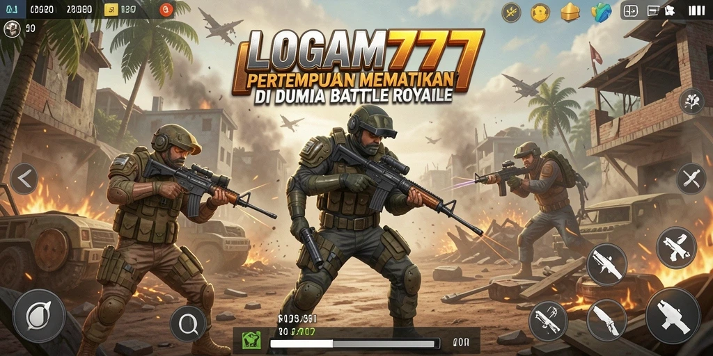 Screenshot LOGAM777 menunjukkan aksi pertempuran yang intens di arena Battle Royale.
