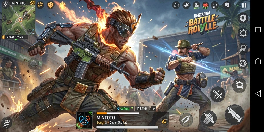 Screenshot MINTOTO menunjukkan aksi intens dalam pertempuran Battle Royale.