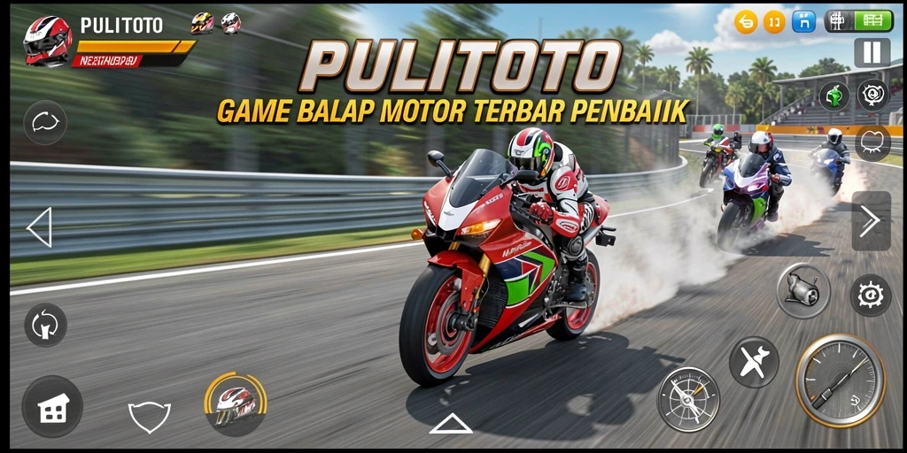 Screenshot utama PULITOTO menampilkan aksi balap motor yang seru dan mendebarkan.