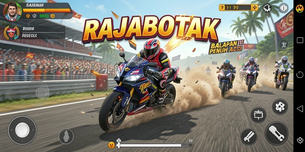 Screenshot RAJABOTAK menampilkan aksi balapan motor yang mendebarkan.