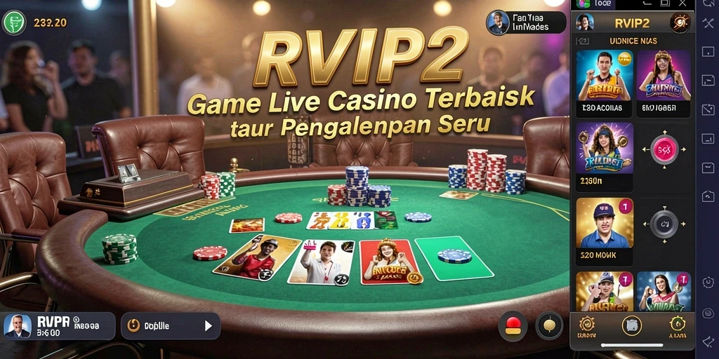 Screenshot gameplay RVIP2 menampilkan dealer live dan suasana kasino yang nyata.