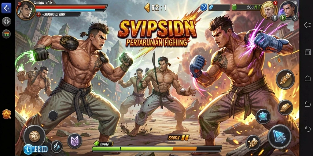 Menampilkan gameplay mendebarkan di SVIPSIDN dengan karakter bertarung.