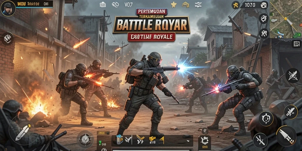 Screenshot menampilkan intense gameplay V07 di medan pertempuran Battle Royale.