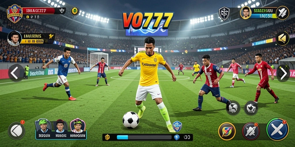 Tangkapan layar utama VO777 menampilkan aksi mendebarkan di lapangan sepak bola.